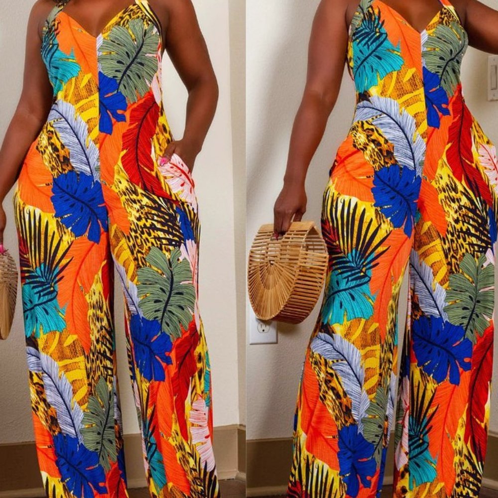 Women's Leaf Printed V-neck Jumpsuit